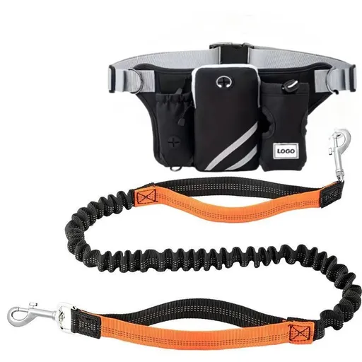 Hands-Free Dog Walking Waist Pack with Bungee Leash Set – Adjustable Running Belt with Reflective Strips, Phone Pocket, Poop Bag Dispenser, and Water Bottle Holder for Jogging, Hiking, and Everyday Walks (Orange)