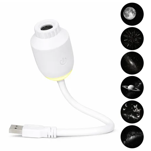 USB-Powered Starry Night Projector Lamp Touch Control 3 Brightness Levels 6 Interchangeable Slides White