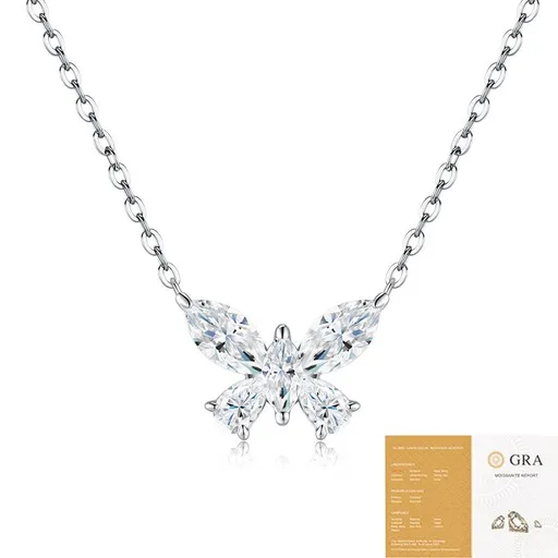 Elegant Butterfly Moissanite Pendant Necklace with Shimmering Crystals, Hypoallergenic Silver-Tone Finish, Adjustable Chain for Daily Wear and Light Formal Occasions, Includes Certification Card (Moissanite, Premium S925)