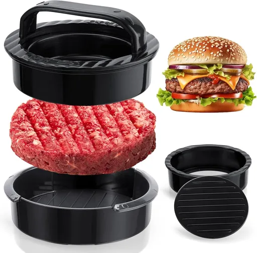 3-in-1 Hamburger and Hamburger Press - Hamburger Mold - Non-stick, Durable Patty Maker for Stuffed Burgers and Sliders - Easy to Clean - Black