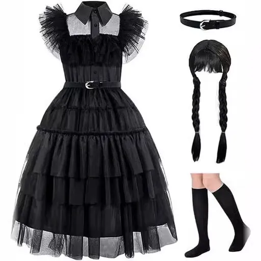Girl's dress cosplay Wednesday Brigitte princess dress lace details puff sleeves children Wednesday 4pcs 140
