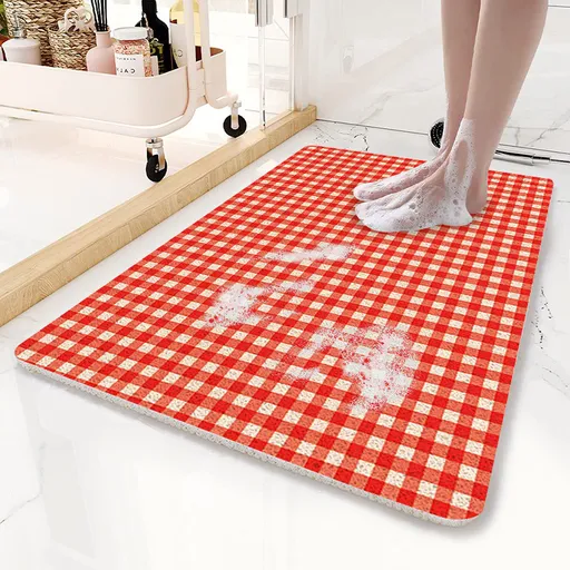 Red Plaid Pattern PVC Non-Slip Bath Mat 45x75cm - Shower Drain Hole Design, Soft & Quick-Dry Bathroom Rug