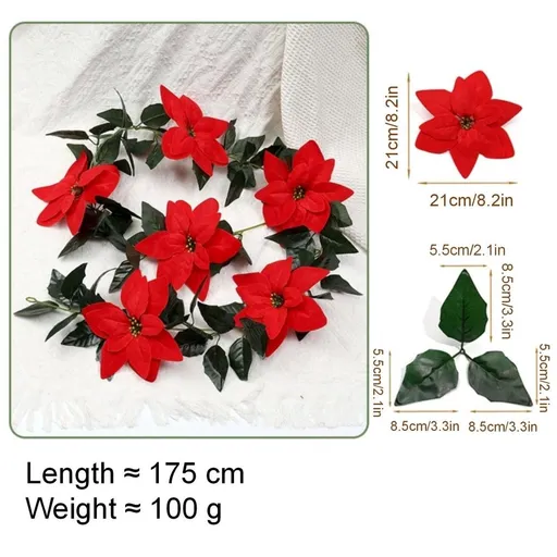 Christmas Garland Artificial Poinsettia Flowers - Stackable Mantel Staircase Decor - 69In Length 0.17LB - Faux Greenery for Home Office Holiday Party Wedding Indoor Covered Outdoor