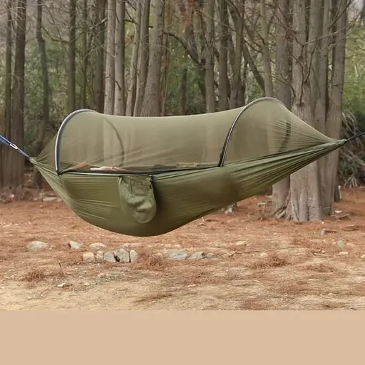 Military‑Green Outdoor Camping Hammock with Mosquito Net, Anti‑Tipping Nylon Fabric, Quick Setup Hammock for Single & Double Person