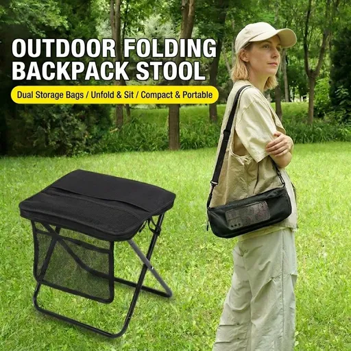 Ultra-Portable Folding Stool with Crossbody Storage Bag – Heavy-Duty Carbon Steel Frame, Oxford Fabric Seat, Side Mesh Pocket, Ideal for Camping, Commuting, Queueing, and On-the-Go Seating (S, Khaki)