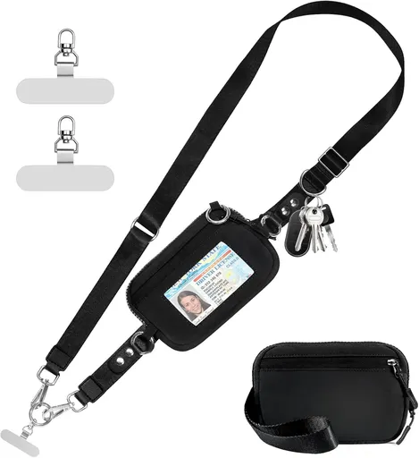 Phone Lanyard with Wallet Adjustable Detachable Black