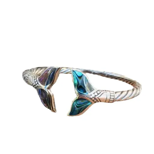 Natural Abalone Shell Mermaid Tail Bangle Bracelet For Women Open Cuff Bracelets And Bangles Vintage Jewelry