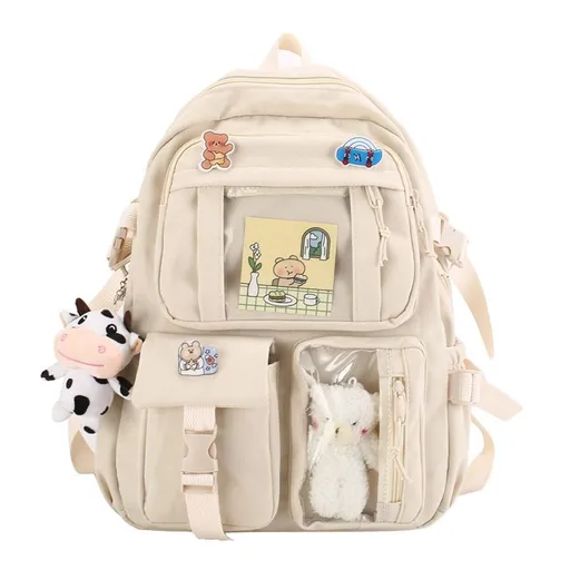 K‑Style Kids Backpack with Cute Accessories, 43×31cm Large Capacity School Backpack, Off‑White Casual Daypack for Children & Teenagers