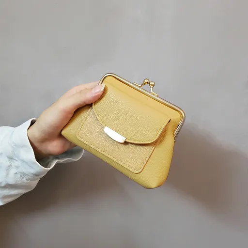 Yellow Vintage Style Women's Kiss Lock Coin Purse - Compact PU Leather Wallet with Card Holder