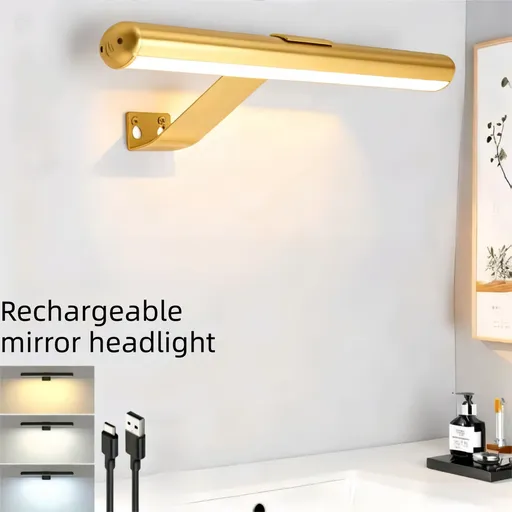 Rechargeable LED Mirror Light Gold - Magnetic Detachable Vanity Wall Lamp, 3 Colour Modes, Stepless Dimming, Touch Control, Type-C Charging for Bathroom and Makeup Mirror