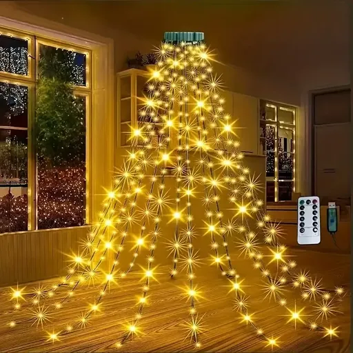 USB Remote Control Christmas Tree Waterfall String Light | Ring Hanging Tool-Free Installation, High-Density LED Starburst Effect, IP44 Waterproof, Fits 4–12ft Trees (warm white 2m / 400 Lights)