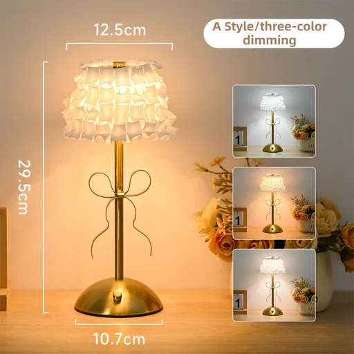 Creative Rechargeable Bow Table Lamp with Pleated Fabric Lampshade - Three Colour Soft Light, Touch Stepless Dimming, USB-C Cordless Bedside Decor, Style A