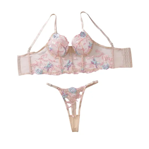 House Of Dasein Colorful Flower Embroidery Sexy Back Perspective Lingerie Bra Two Piece Set - Skin Purple - M