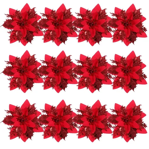 Red Glitter Christmas Flower Decorations for Party and Home 12Pcs