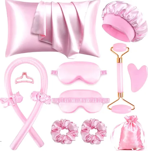 Hair Rollers - 12-Piece - Heatless Curling Iron - Heatless Curls - Curls without Heat - Includes Hair Clip and Satin Sleep Cap (Pink)