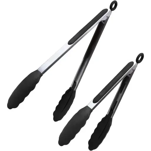 Stainless Steel Kitchen Tongs with Silicone Tips, Locking Non-Stick Cooking Tongs for BBQ, Salads, Grilling and Serving, 23 cm and 30 cm