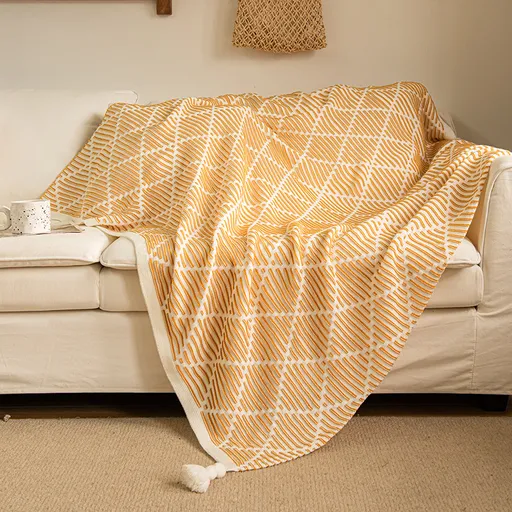Yellow and Beige Diamond Pattern Soft Cozy Knit Throw Blanket with Tassels - Geometric Pattern Lightweight Acrylic Blanket for Sofa Couch Bed, 130x150cm