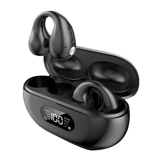 Ear Clip Bluetooth Earbuds Open Ear Bone Conduction 36H Playtime Clip On Wireless Earphones with LED Display Charging Case Black