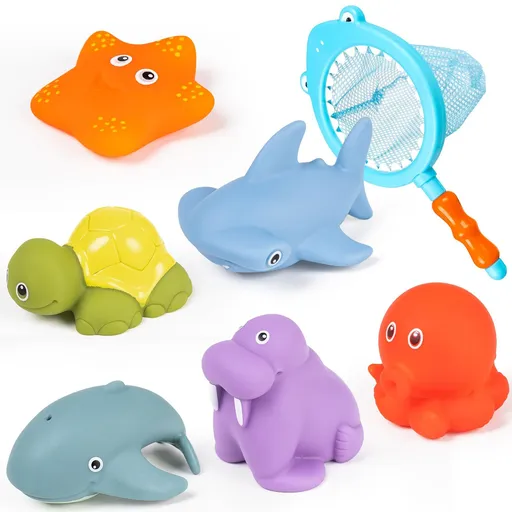 Bath Toy, Water Spraying Discoloration Floating Animals, Bathroom Pool Accessory, Shark Fishing Play Set for Babies and Kids