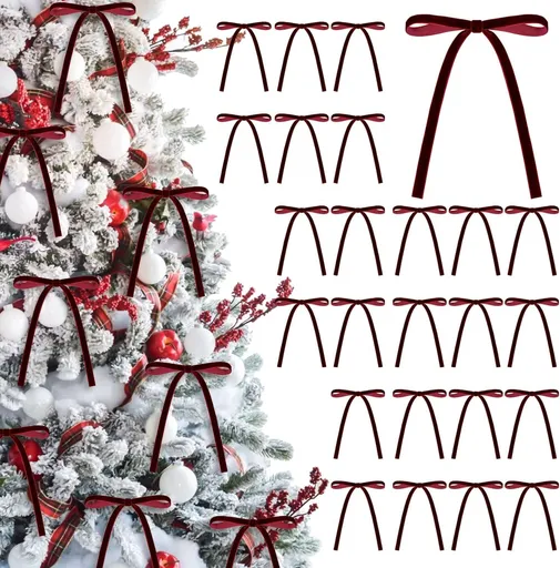 24 Pcs Velvet Christmas Bows 5 x 7 Inch Rustic Velvet Small Ribbon Gift Bow for Xmas Tree Ornaments DIY Craft Wreaths Garlands Indoor Outdoor Home Decorations (Wine Red)