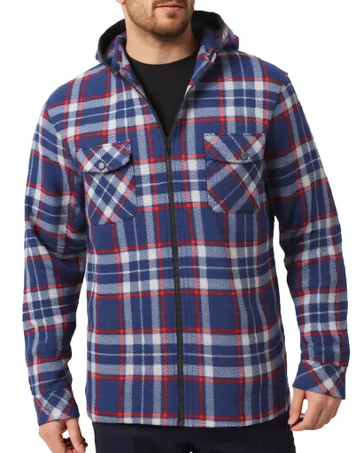 Men's Hooded Flannel Jacket Flannelette Plaid Fleece Shirt Zip Up Winter Coat, Blue, M