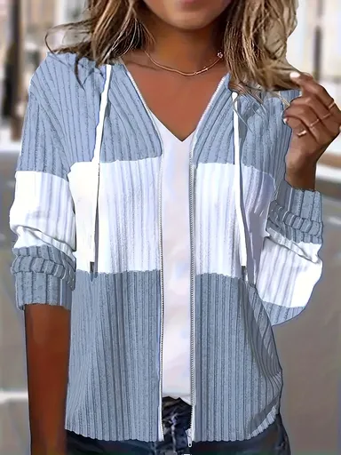 Women'S Hooded Jacket Two-Tone Jacket Drawstring Jacket Casual Jacket Australia - Sky Blue - Size XL(AU XL/EU52)