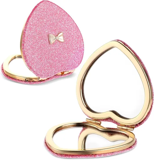 Pink Compact Mirror, Double-Sided Heart Compact Mirror, Magnetic Folding Purse Mirrors Compacts for Girls, Kids, Home Office, Valentine's Day