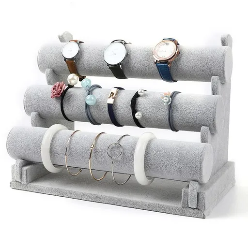 1Pack Velvet Bracelet Holder with 3 Tier Rack, Black Detachable Jewelry Display Stand T-Bar Necklace Storage Organizer for Bangles Watch Bracelets Scrunchies Organization Showcase - Gray - Size 1Pack