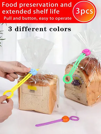 3Pcs Yellow Purple Green Food Sealing Clips Set, Colorful Reusable Plastic Snack Bag Fresh Keep Clips