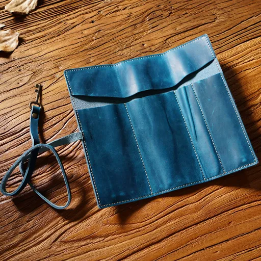 Blue Genuine Crazy Horse Leather Pencil Roll Case Vintage Pen Wrap Stationery Organiser Pouch with Strap & Charm 4 Slots for Artists