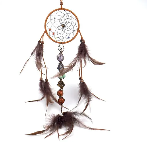 Traditional Native Style BROWN SUEDE Dreamcatcher with Bone Beads & Feathers - 22" Long x 4.3" Diameter