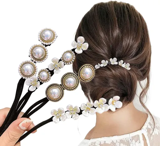Hair Bun Maker, Deft Bun, 4PCS Women Magic Hair Bun Maker with Peal and Flower, Magic Twist Hairpin Lazy Curler Reusable Bun Hair Accessories for Women Girls,French Twist Hairstyle Donut bun Former Maker Hairstyle (Black and white)