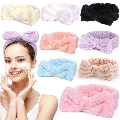 8 Pack Spa Bow Headbands, Coral Fleece Makeup Cosmetic Headband for Washing Face, Shower Terry Cloth Hair Band for Women Facial
