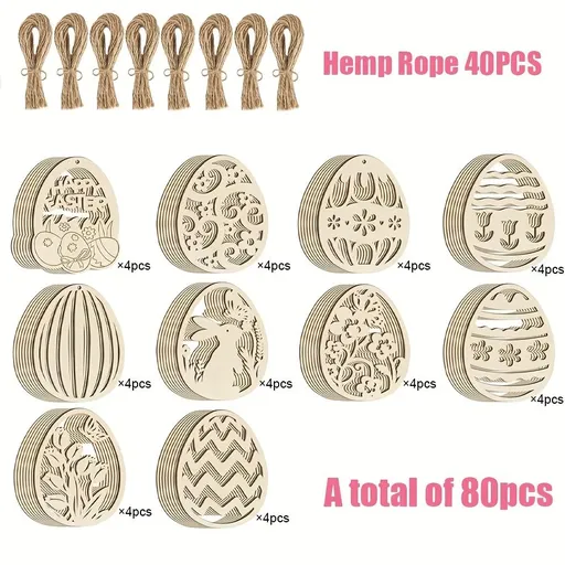 80pcs Easter wooden colored eggs, blank wooden pieces hand-made colored eggs, (including 40 hemp ropes and 40 wooden pieces) blank hanging decorative hand-made labels, suitable for Easter spring DIY art handicraft decorations, Easter decorations (Eas