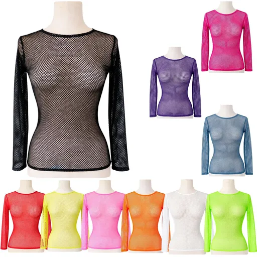3x Womens Fishnet Mesh Tops Long Sleeve Sheer Stretch Costume - Assorted Pack