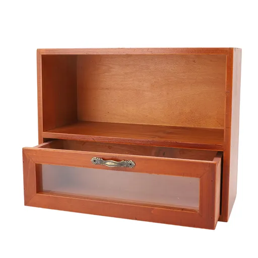 Vintage Tabletop Organizer Solid Wood Desktop Display Cabinet Storage Box with Clear Drawer for Kitchen Living Room Bedroom