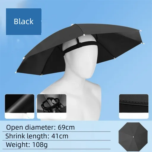 Black Foldable Sun & Rain Umbrella Hat (Diameter 69CM) - 99% UV Potective and Wind/Rainproof Fishing Umbrella with Elastic Headband