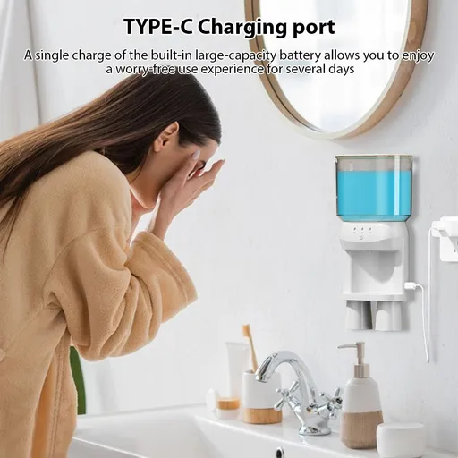 Automatic Mouthwash Dispenser Touchless Sensor Wall Mounted Mouthwash Dispenser with 2 Magnetic Cups 3 Adjustable Dispensing Levels Waterproof Refillable Electric Mouthwash Dispenser Bathroom Accessories