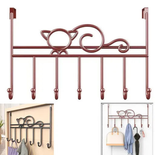 Over the Door Hook,Cat Design Wall Hooks Over Door Hook with 7 Hooks for Back of Bedroom Bathroom Door Punch-Free Coat Rack Organizer Clothes Key Holder Towel Door Coat Hanger,Black Brown