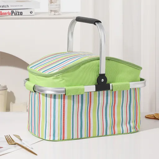 Green and Colored Stripes Large 27L Foldable Insulated Picnic Basket Cooler Bag - Lightweight Thermal Hamper with Aluminum Handles for Outdoor, Shopping & Camping