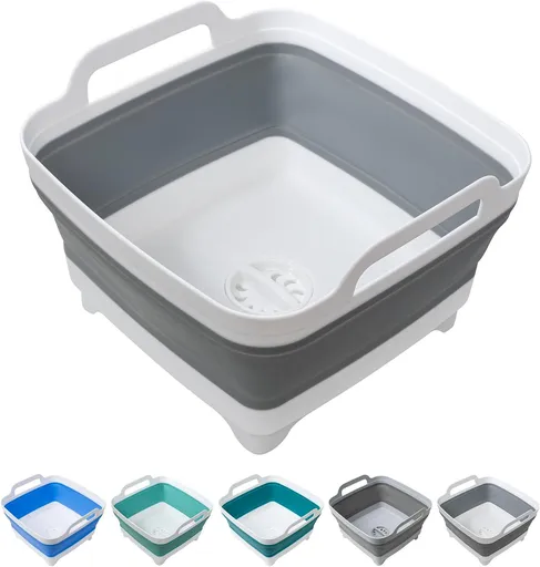 9 L Collapsible Dishpan with Drain Plug and Carry Handles, Foldable Wash Basin for Dishes, Cleaning, Camping and Portable Sinks, Grey