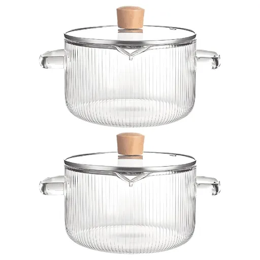 2 Pcs Borosilicate Glass Simmer Pot, 60 oz / 1800 ml, with Wooden Lid, Heat-Resistant Cooking Pot, See-Through, 6.3 in / 16 cm, Double Handle Noodle Pot, Clear Cookware for Stovetop