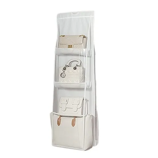 White 8-compartment Hanging Handbag Organizer - Double-Sided Non-Woven PVC Storage Bag with Transparent Pockets - Space-Saving Wardrobe Closet Hanger for Purses and Accessories