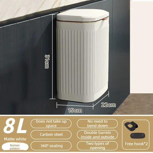 8L Wall Mounted Press Rubbish Bin, Slim Under Sink Hanging Waste Bin, Press Lid Trash Can for Kitchen Bathroom, Space Saving Cabinet Bin-White