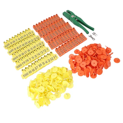 Ear Tag and Pliers Set Livestock Ear Tag Applicator and Bright Colors Cattle Ear Tags for Farm Animal Identification Card Green Pliers with Orange and Yellow Ear Tag