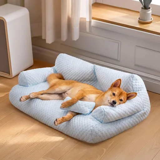Cooling Ice Silk Pet Sofa Bed with 5D Massage Particles and Removable Washable Cover – Plush High-Resilience Pearl Cotton Filling, Non-Slip Base, Ideal Comfortable Lounge for Cats and Small Dogs All Year Round (M, Blue)