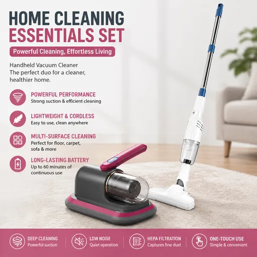 2-piece Home Cleaning Bundle - Red UV Mattress Mite Vacuum Cleaner & White Cordless Handheld Stick Vacuum Set, Wireless Rechargeable Home Car Pet Hair Cleaning Kit