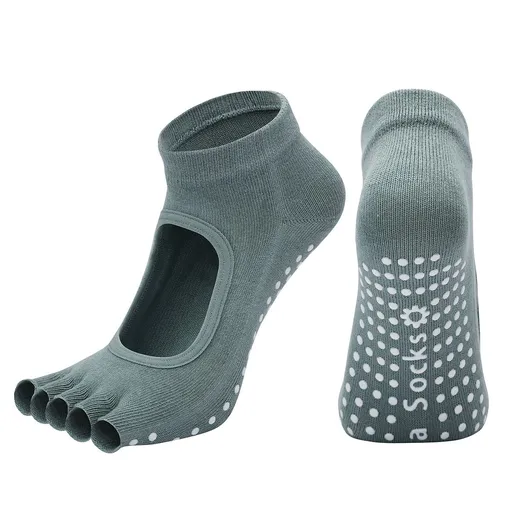 Women's Non Slip Yoga Socks Open Toe Five Finger Grip Socks Combed Cotton Pilates Dance Fitness Socks - Gray