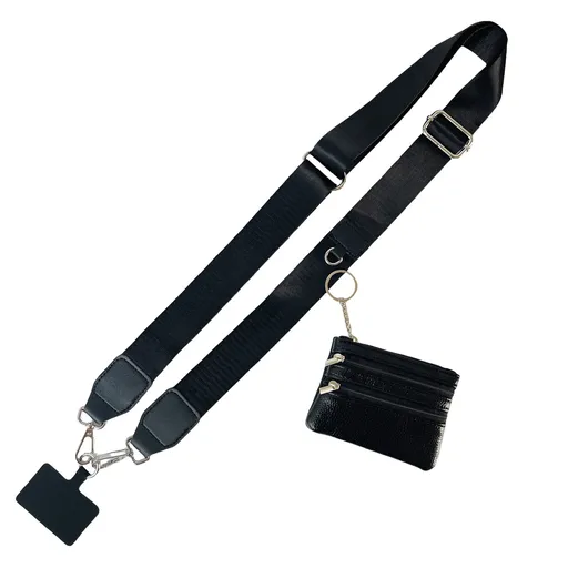 Clip and Go Phone Strap with Zipper Pouch,Crossbody Adjustable Chain Lanyard with PU Leather Wallet for All Phones Black