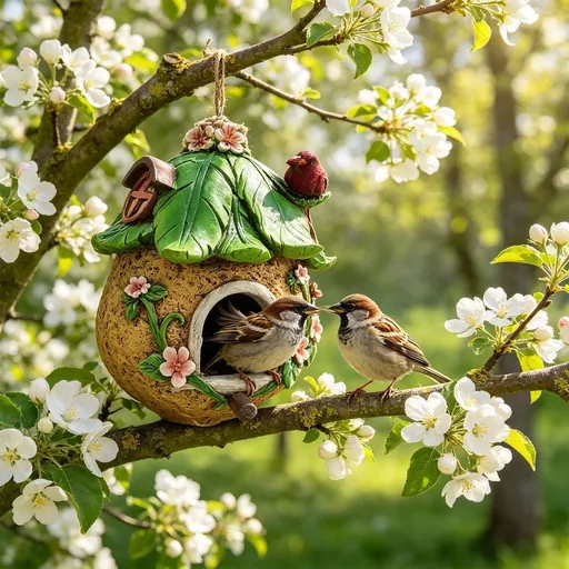 Hanging Bird House for Outdoor Garden Yard, Resin Bird Shelter for Wrens Sparrows Goldfinches, Decorative Wren Bird Home for Patio Tree Fence, 4 Season Small Bird Bed with Stainless Steel, Green